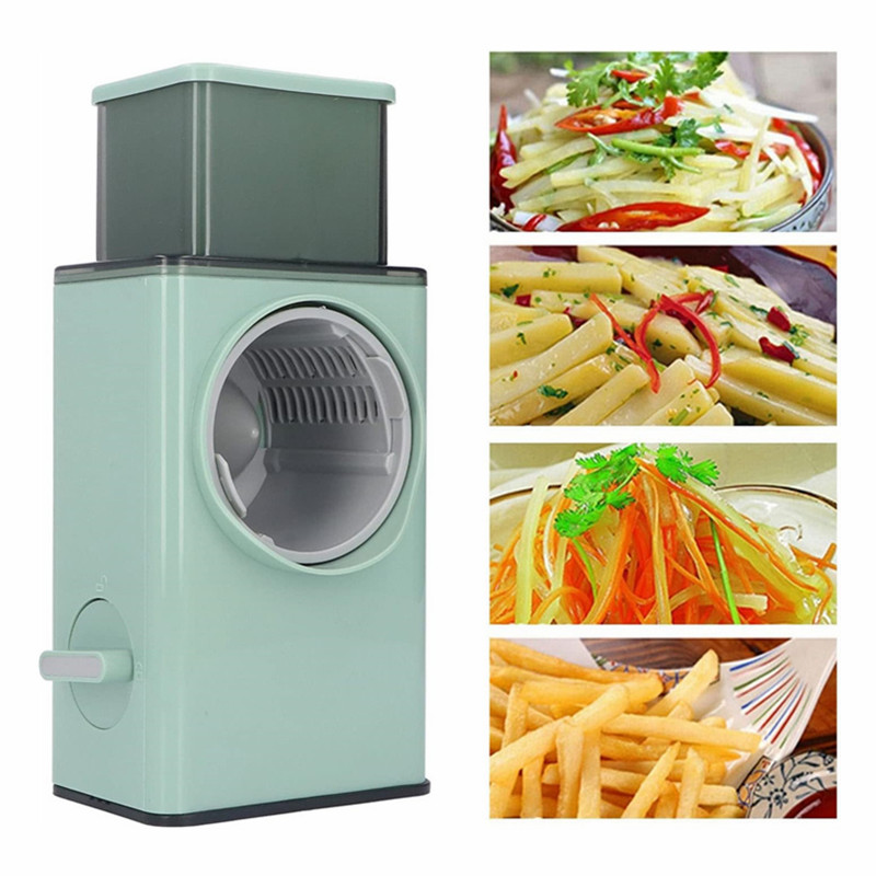 Mandoline Slicer - เครื่องขูดชีสแบบหมุนมือพร้อมใบมีด 3 ใบ เครื่องหั่นผักอเนกประสงค์สำหรับมันฝรั่ง ซูกินี และถั่ว