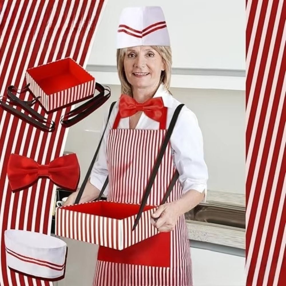 Kitchen Gadgets For Women - คาร์นิวัล ซีร์คัส เสื้อคลุมเชฟพร้อมหมวก ลายทางสีแดงและสีขาว ชุดคอสเพลย์ธีมปาร์ตี้ ชุดยูนิฟอร์มครัวสำหรับผู้หญิงและผู้ชาย