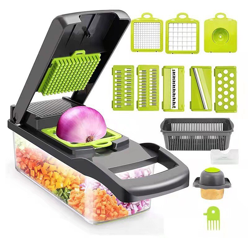 Mandoline Slicer - 1ชิ้นสีเขียวสีดำ12 in 1เครื่องหั่นผักอเนกประสงค์เครื่องหั่นย่อยพร้อมตะกร้าผลไม้สับมันฝรั่งเครื่องขูดแครอท