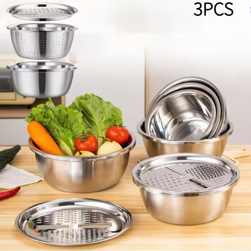 Mandoline Slicer - ชุดที่ขูดสแตนเลสอเนกประสงค์ 3 ชิ้น พร้อมชามกรองน้ำ และที่หั่นผักแบบมันโดลีนสำหรับมันฝรั่ง