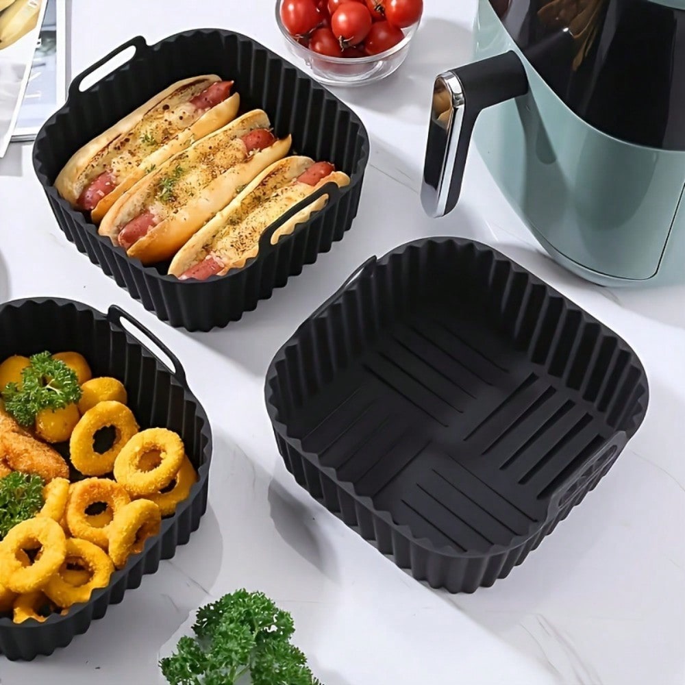 Kitchen Gadgets Website - แผ่นรองซิลิโคนสำหรับหม้อทอดไร้น้ำมันแบบใช้ซ้ำได้ 1 ชิ้น, อุปกรณ์เสริมสำหรับหม้อทอดไร้น้ำมัน, อุปกรณ์ครัวสำหรับเปลี่ยนแผ่นรองอบแบบใช้แล้วทิ้ง, สีดำ